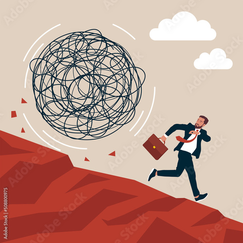 Fear businessman running away from trouble circle. Avoid from working stress, conflict with people or escape from financial problem or economic crisis concept.