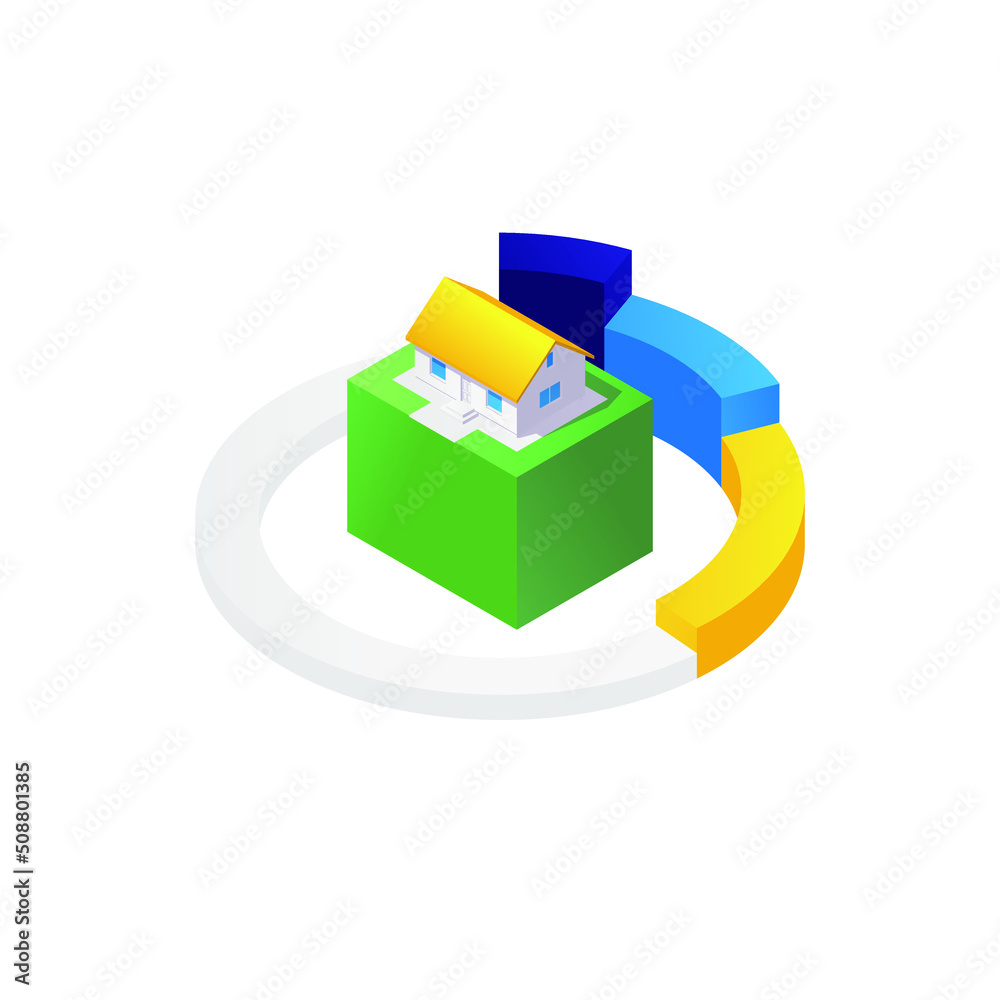 Isometric 3d house illustration with pie chart Isometric 3d house illustration with pie chart