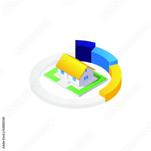 Isometric 3d house illustration with pie chart