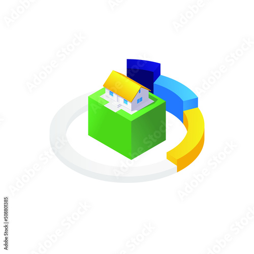 Isometric 3d house illustration with pie chart
