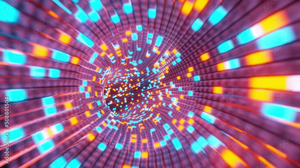 Speed motion into neon glowing technologic tunnels consist of many colorful cubes. Looped video. Abstract background.