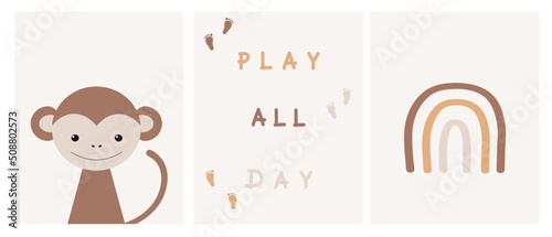 Cute collection baby posters. Cartoon monkey, Boho rainbow and phrase play all day. Wall art nursery. Design childish textiles, baby shower, postcards. Funny kids print. Portrait happy monkey