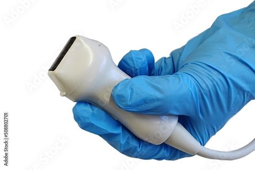 Modern phased array ultrasound medical probe used in neurology for transcranial examinations and also in cardiology with continous doppler, white background.