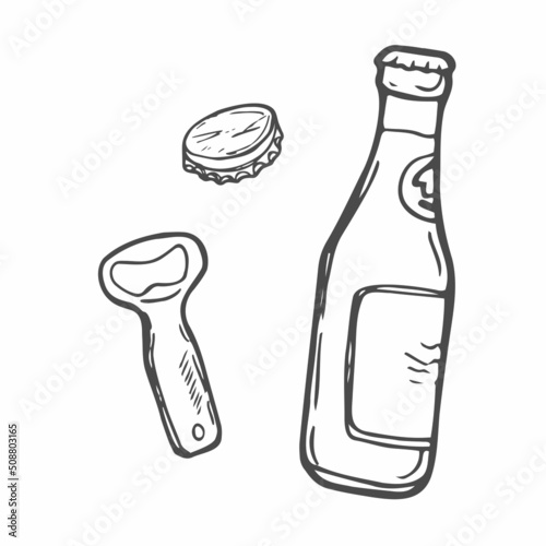 Set with a beer bottle and bottle opener hand-drawn in the style of doodle graphics