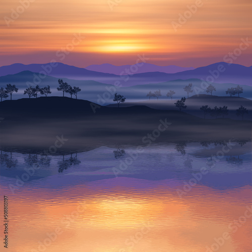 Sunset landscape, reflection in the lake of the picturesque sky and mountains