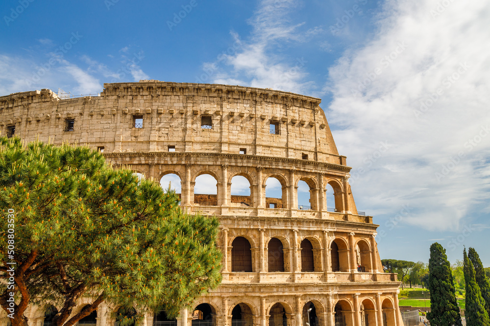 The Colosseum amphitheatre in the centre of the city of Rome, Italy, Europe.