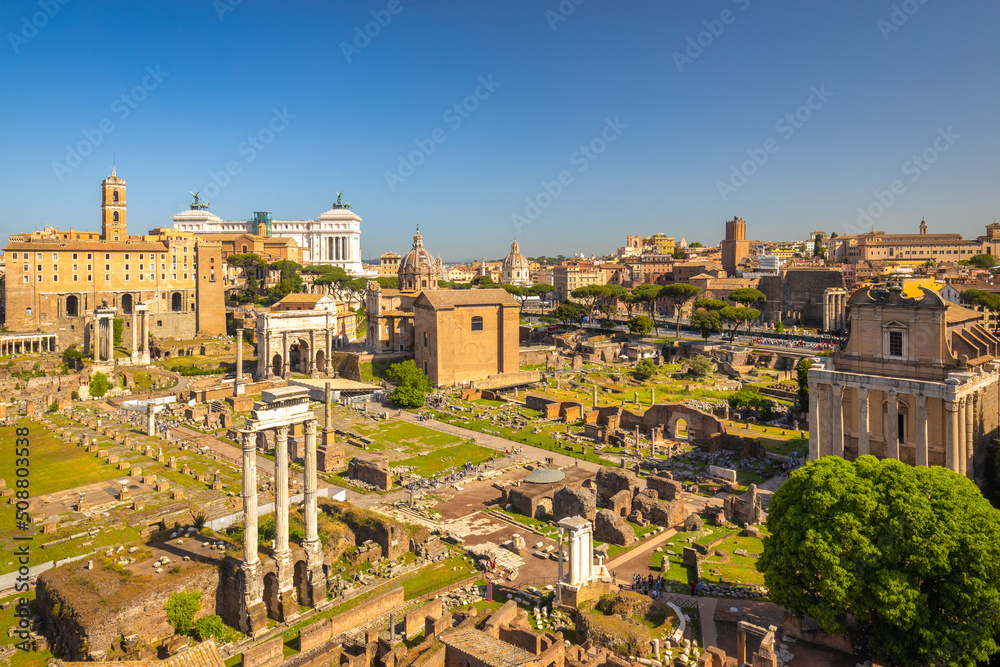 The Roman Forum (latin name Forum Romanum), plaza of the ancient roman ruins at the center of the city of Rome, Italy, Europe.