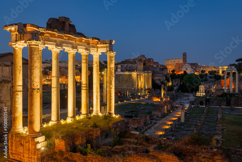 The Roman Forum (latin name Forum Romanum) at night, plaza of the ancient roman ruins at the center of the city of Rome, Italy, Europe.