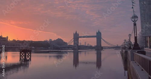 Beautiful sunrise over the River Thames and the historical famous Tower Bridge in the City of London