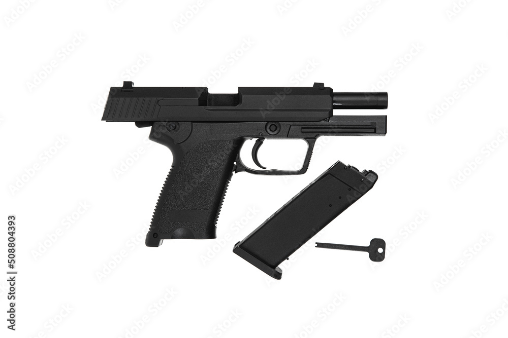 Air gun. Modern pneumatic weapon for air soft, sports and entertainment. A dummy, a copy of a real pistol. Isolate on a white back Air gun. Modern pneumatic weapon for air soft, sports and entertainment. A dummy, a copy of a real pistol. Isolate on a white back