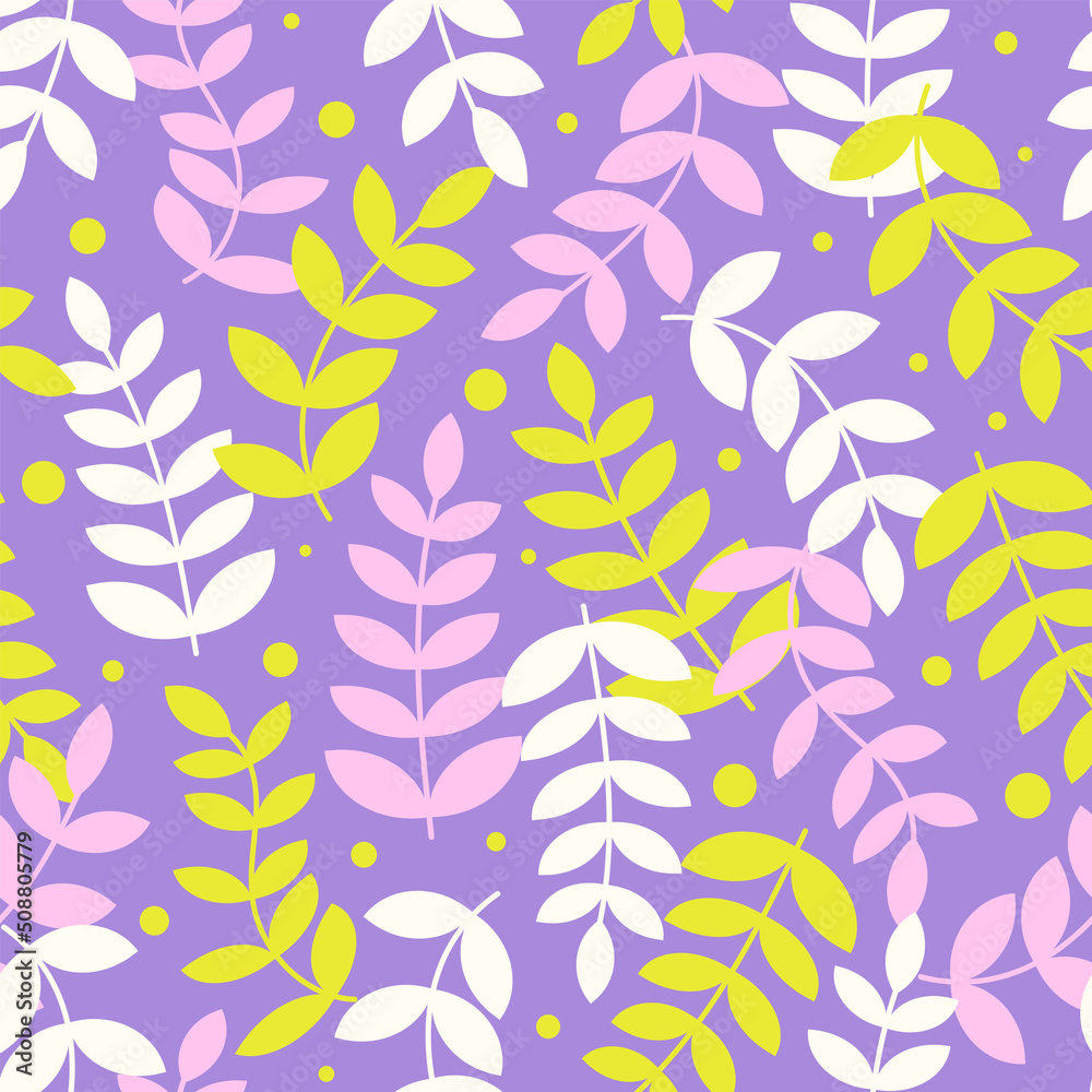 Fototapeta premium Vector botanical background. Colorful floral seamless pattern. Modern trendy print with leaves and sprouts for fabric, paper, package, and ony surface