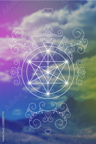 Sacred geometry zentangle inspired design template with oriental tribal ornaments. Merkaba ornamental new age art.Meditation symbol in front of blurry natural background