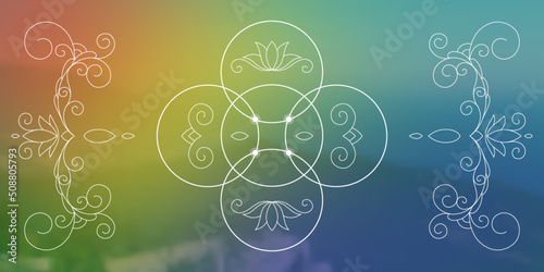 Sacred geometry zentangle inspired design template with oriental tribal ornaments. Flower of life ornamental new age art.Meditation symbol in front of blurry natural background