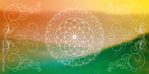 Sacred geometry zentangle inspired design template with oriental tribal ornaments. Flower of life ornamental new age art.Meditation symbol in front of blurry natural background