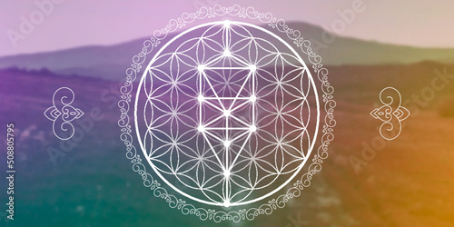 Sacred geometry zentangle inspired design template with oriental tribal ornaments. Flower of life ornamental new age art.Meditation symbol in front of blurry natural background