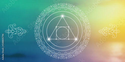 
Sacred geometry zentangle inspired design template with oriental tribal ornaments. Philosopher stone ornamental new age art.Meditation symbol in front of blurry natural background