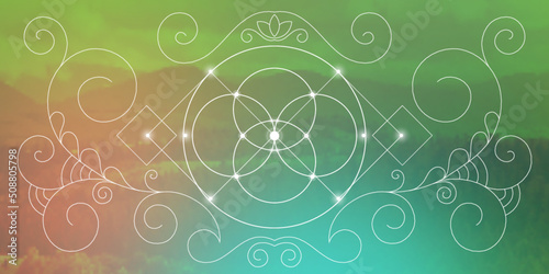 Sacred geometry zentangle inspired design template with oriental tribal ornaments. Flower of life ornamental new age art.Meditation symbol in front of blurry natural background