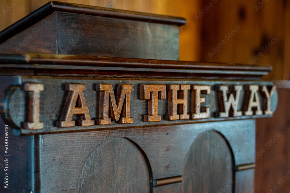 Fototapeta premium Old pulpit in a little white chapel in Western North Carolina