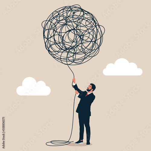 Entrepreneur calmly control and solve mess line problem. Leadership to deal and handle business problem, skill and decision to overcome difficulty or uncertainty, crisis management concept.