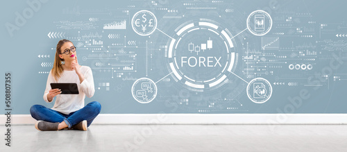 Forex trading concept with young woman holding a tablet computer