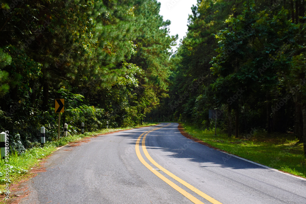 The mountain road is curvy and steep.