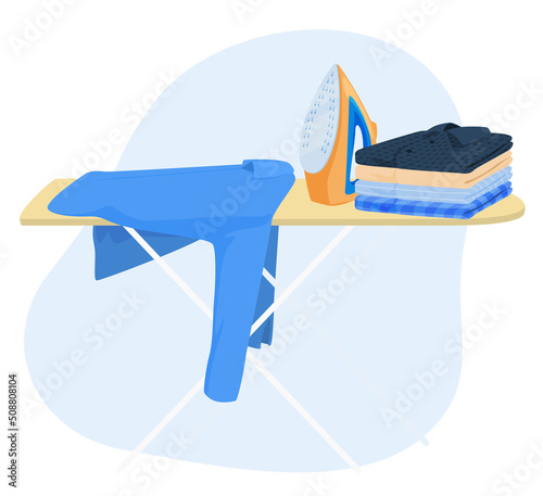 Ironing board with linen clothes stack household vector flat illustration. Chores housekeeping