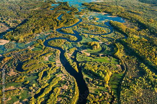 Fotografie, Tablou Aerial View Green Forest Woods And River Landscape In Sunny Spring Summer Day