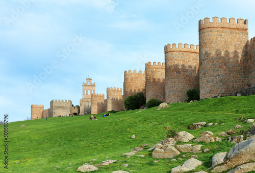 Shadows and sunlight on the walls surrounding the old town of Avila, Spain, the highest city on the Spanish meseta 