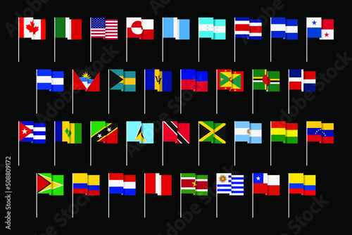 Flags of Central, South and North America. Unusual, toy, minimal graphic design. Collection of miniatures.