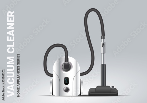 Vector realistic illustration of silver color vacuum cleaner with brush on light background. 3d style shine vacuum cleaner appliances design