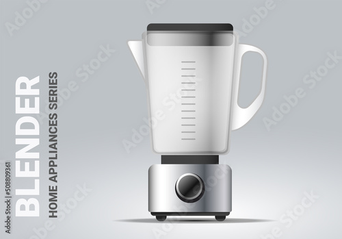 Vector realistic illustration of silver color kitchen blender on light background. 3d style shine blender appliances design