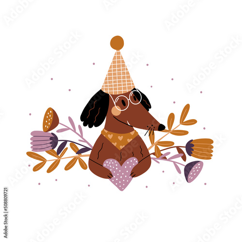 Vector illustration with dog and flowers. Festive print with vintage style da...