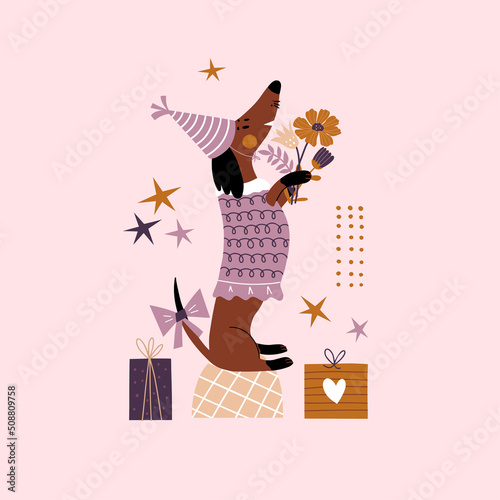 Vector illustration with a dachshund and a bouquet of flowers. Festive vintage style print. Vector hand drawn illustration