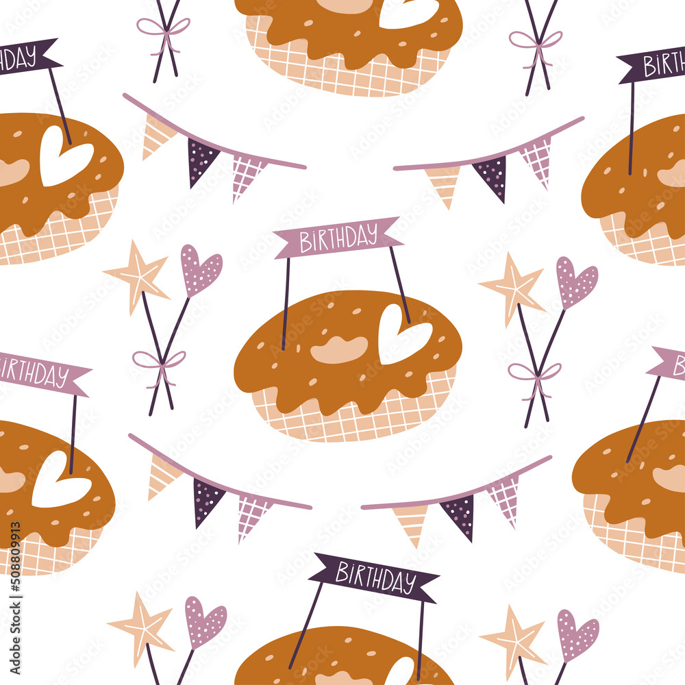 Fototapeta premium Seamless pattern with donut in vintage style. Festive modern wallpaper. Vector handmade background