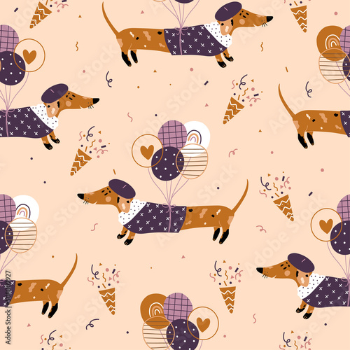 Seamless elegant pattern with dog and balloons. Festive wallpaper with dachshund in vintage style. Vector hand drawn illustration
