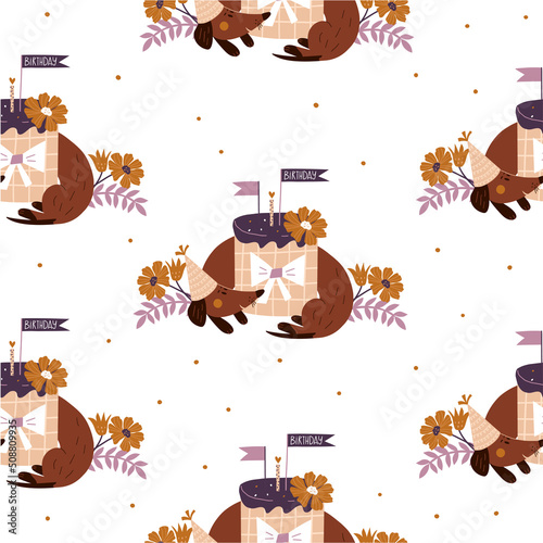 Seamless pattern with dog and cake. Festive wallpaper with dachshund in vinta...