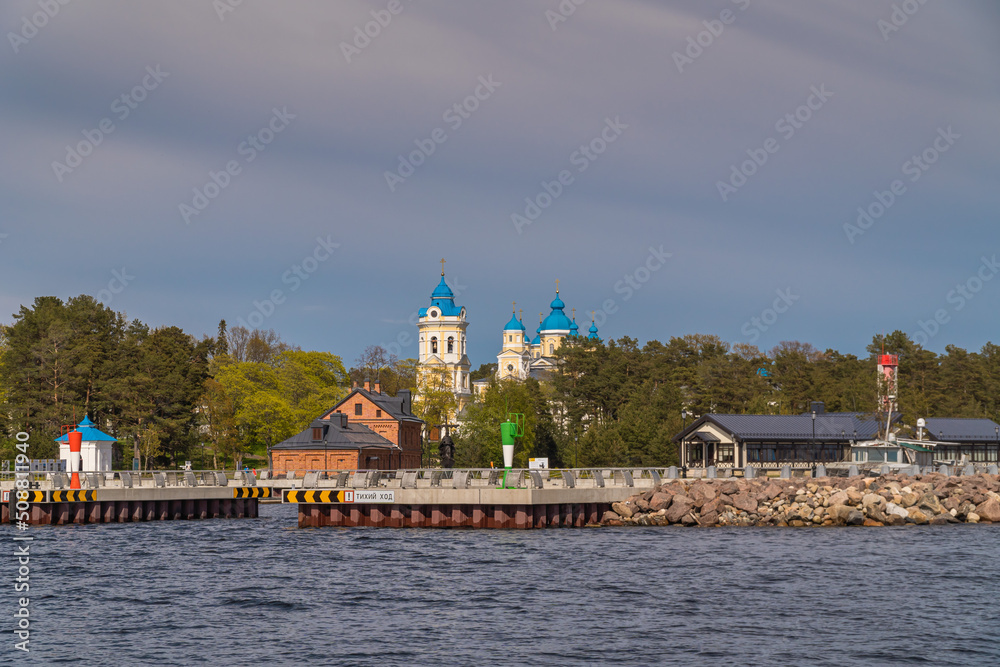 Russia. Leningrad region. May 29, 2022. View of the Nativity of the Theotokos Monastery from Lake Ladoga.