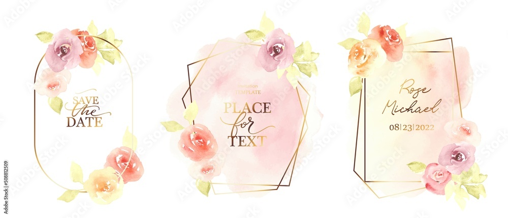 Set of geometric golden frames with flowers and leaves. Design for card, invitation, logo