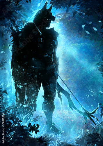 The black silhouette of a tall forest hunter or huntsman in a wolf mask with a huge bow and arrows, he stands proudly dressed in skins, in the middle of the night moon forest. 2d blob art