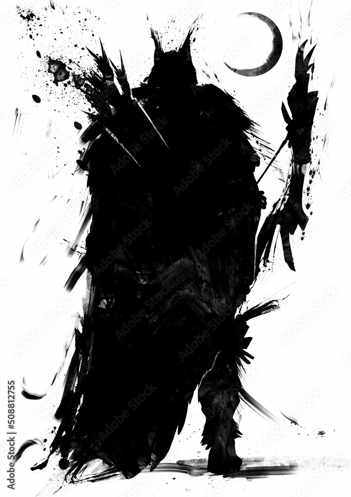 A black silhouette of a huge forest hunter in a wolf hat with a giant thick bow and arrows, he stands with his back in skins. 2d blob art A black silhouette of a huge forest hunter in a wolf hat with a giant thick bow and arrows, he stands with his back in skins. 2d blob art