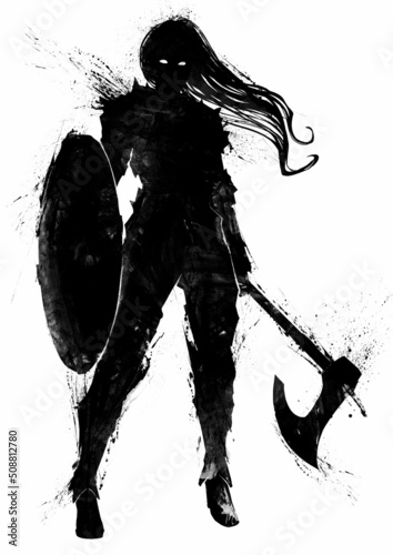 A black silhouette of an elegant warrior girl in armor with a round shield, hair fluttering in the wind and a large axe. 2d blob art photo