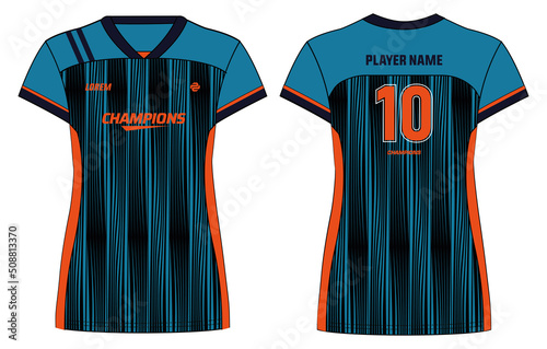 Women Sports Jersey t-shirt design flat sketch illustration with striped pattern suitable for girls and Ladies for Volleyball jersey, Football, Soccer and netball, Sport uniform kit for sports