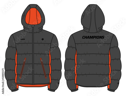 Long sleeve puffa Hoodie jacket design flat sketch Illustration, Padded Hooded jacket with front and back view, Soft shell winter jacket for Men and women for outerwear in winter. photo