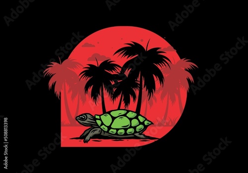 Sea turtle under the coconut tree illustration