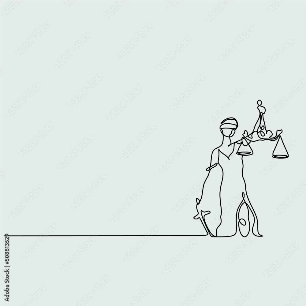 continuous line drawing of lady justice blindfolded and juge