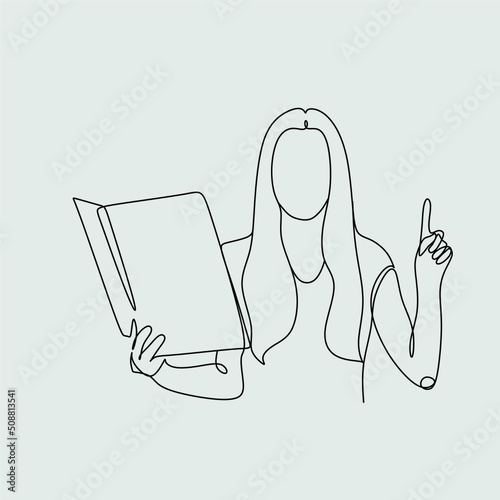 woman accountant - one line drawing vector. concept of female manager, female office worker or business boss checks or signs documents
