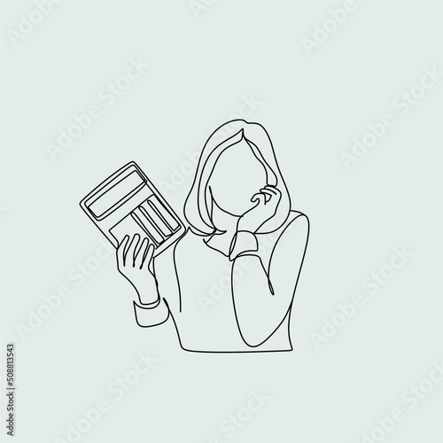 woman accountant - one line drawing vector. concept of female manager, female office worker or business boss checks or signs documents
