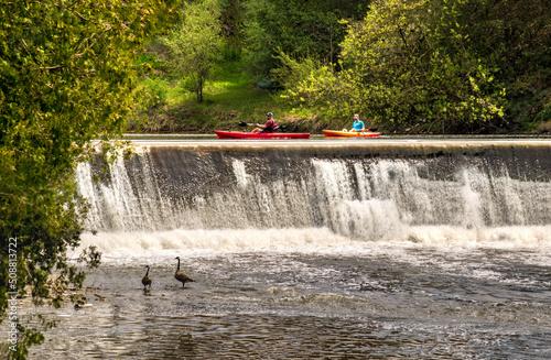 Elora, Ontario, Canada - 05 15 2022: Rowers in bright red kayaks look at geese behind waterfalls of the Grand River near community of Elora in the township of Centre Wellington, Wellington County