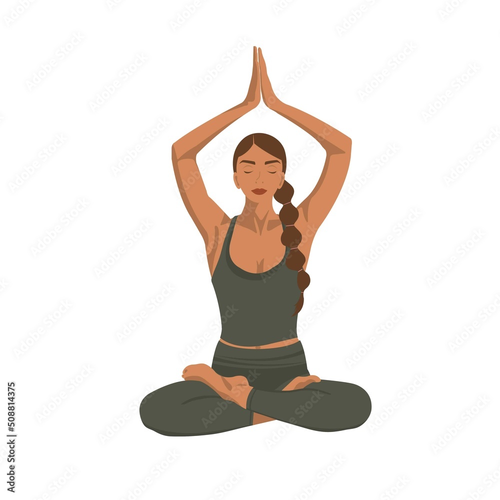 Young woman sitting in lotus posture and practice deep meditation and breathing yoga. Psycologically Awareness Exercise. Vector Flat Illustration.