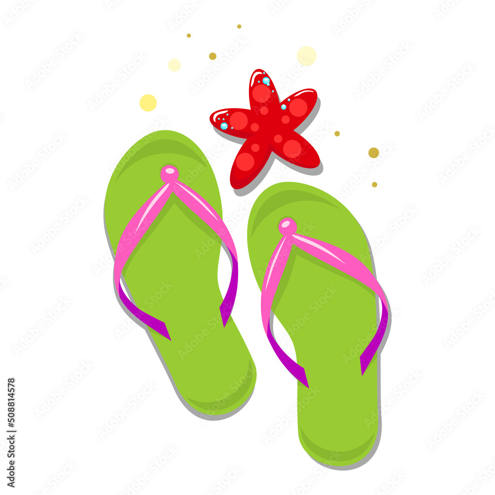 Flip flops and starfish. Summer vector on transparent background